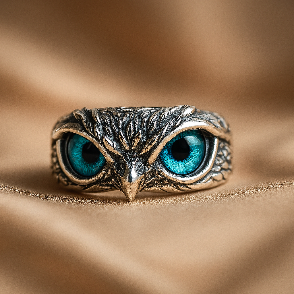 Anello gufo regolabile donna, argento antico con occhi blu. Gioiello distintivo e alla moda.