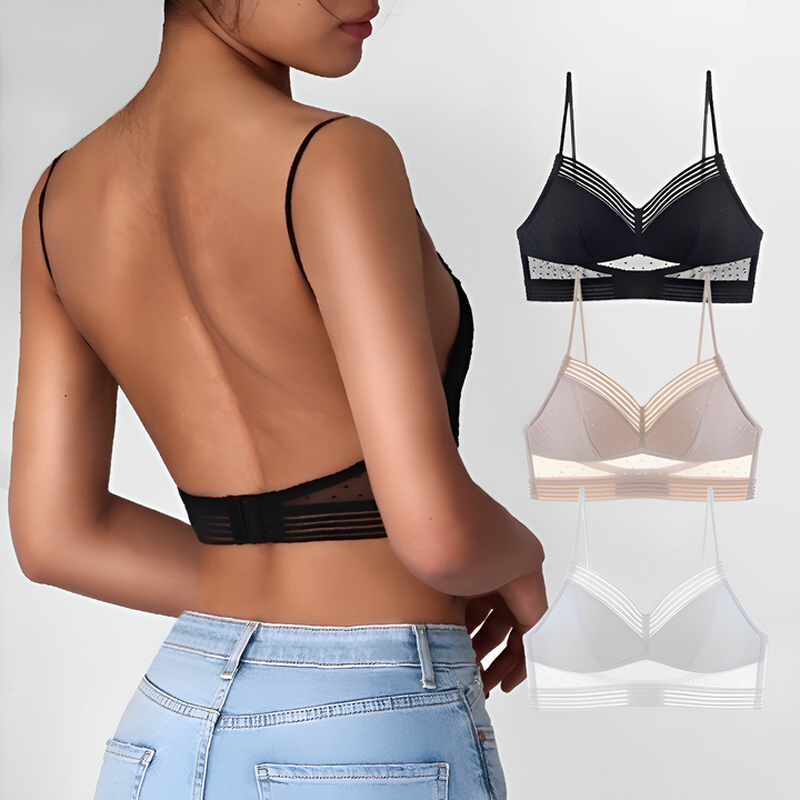 Bralette wireless donna con schiena bassa. Lingerie scollo profondo e fascia in mesh per massimo comfort.