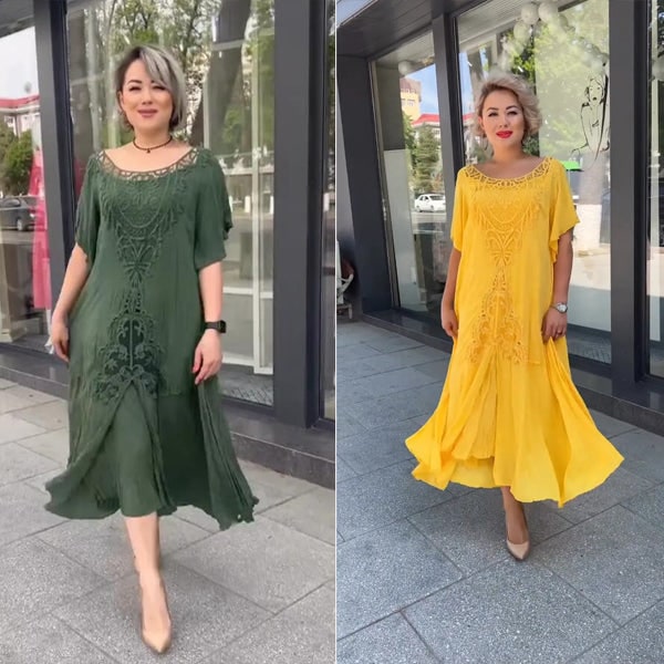Abito fluido midi da donna, stile boho chic con pizzo crochet e maniche ampie svolazzanti. Ideale per l'estate.