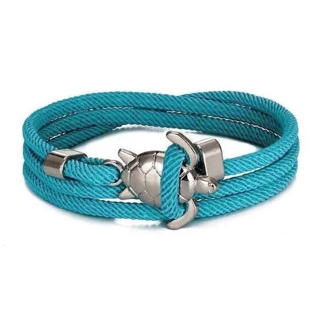 Gioiello da donna: bracciale intrecciato con splendida tartaruga marina turchese, ideale per l'estate.