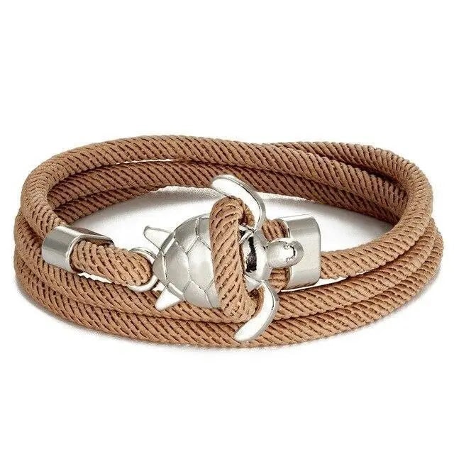 Regalo donna: bracciale corda intrecciato con dettagli tartaruga marina. Stile marino boho.