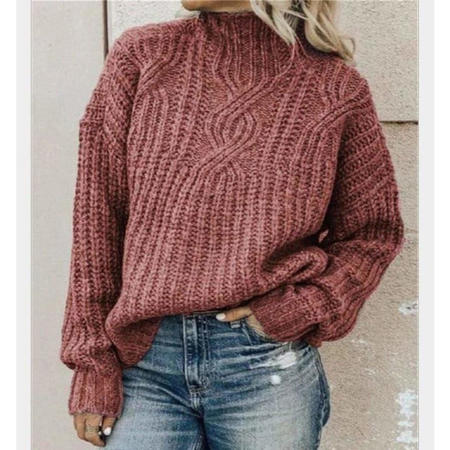 Pullover donna oversize lavorato a trecce, caldo e confortevole con collo alto. Perfetto per l'autunno e l'inverno.