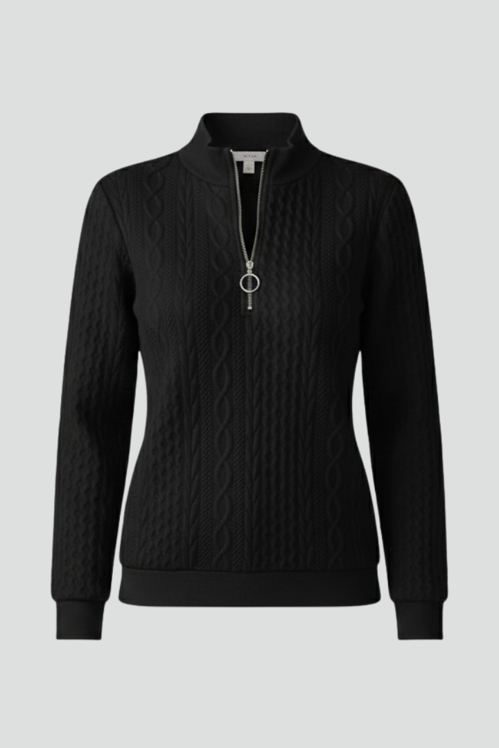 Maglione donna invernale a trecce con zip corta e polsini a costine. Perfetto per autunno e comfort moda.