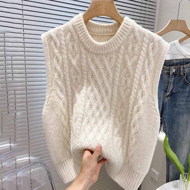 Gilet pullover donna a treccia, comodo e versatile. Confortevole maglione senza maniche per primavera e autunno.