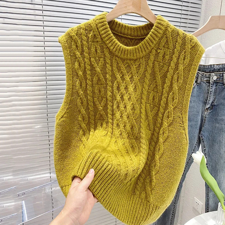 Gilet maglione a treccia per donna, scollo a girocollo. Perfetto come pullover senza maniche per l'autunno/inverno.