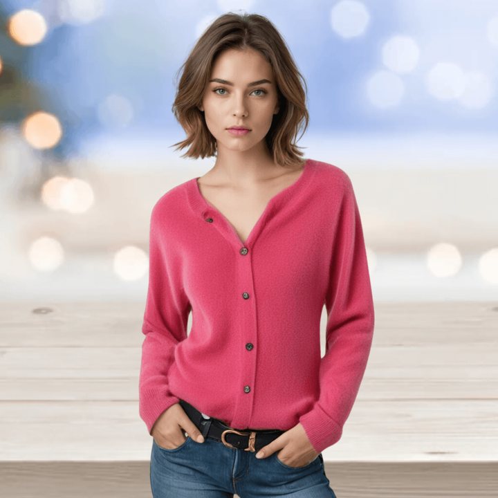 Cardigan donna lavorato a maglia, morbido, bottoni, girocollo a costine, alta qualità e stile.