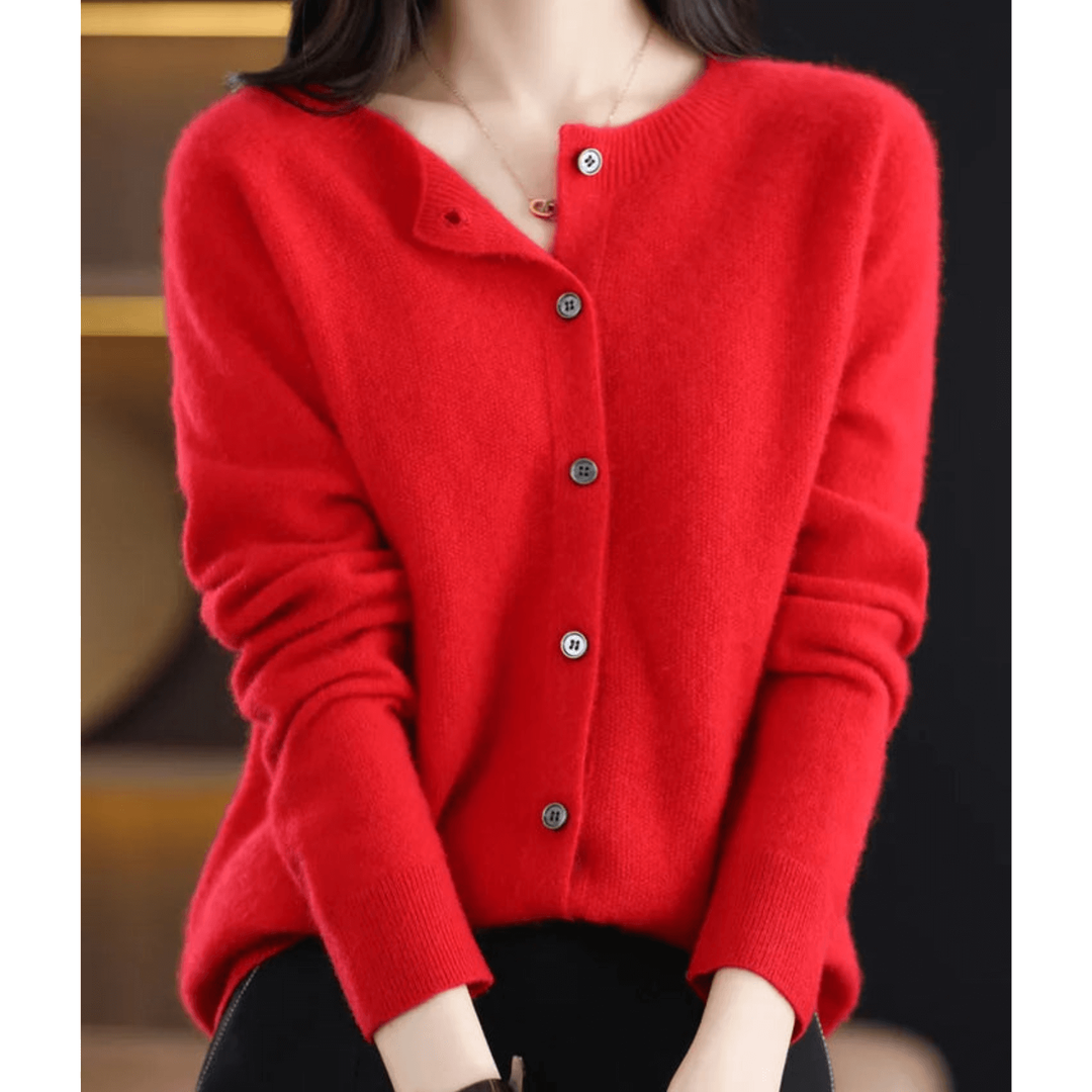 Cardigan donna casual grigio mélange, morbido, bottoni, girocollo a costine, per autunno.