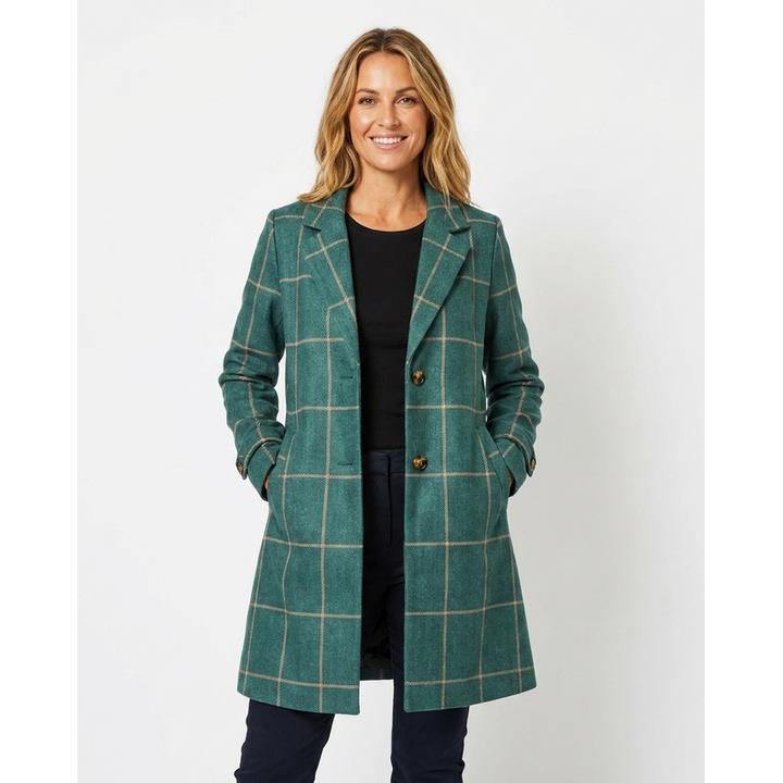 Elegante cappotto donna a quadri con rever e bottoni tartarugati, ideale per stile classico e moda invernale.
