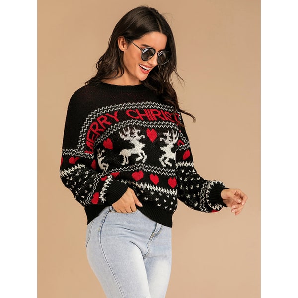 Comodo maglione donna natalizio girocollo con renna e design Fair Isle. Abbigliamento festivo invernale.