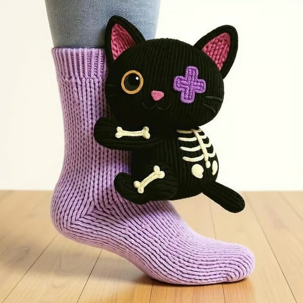 Primo piano calze donna 3D con dettaglio animaletto, in maglia spessa e avvolgente.