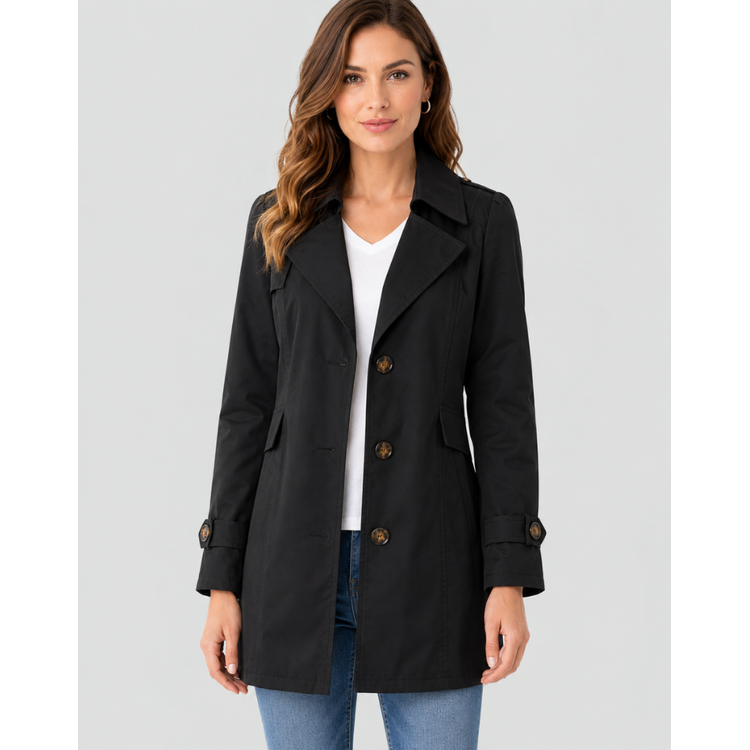 Elegante trench corto donna monopetto, revers ampi, bottoni polsini. Perfetto capospalla per ufficio o look casual.