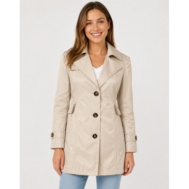 Trench corto classico donna per mezze stagioni. Capospalla versatile con revers e polsini bottoni. Stile ufficio/casual.