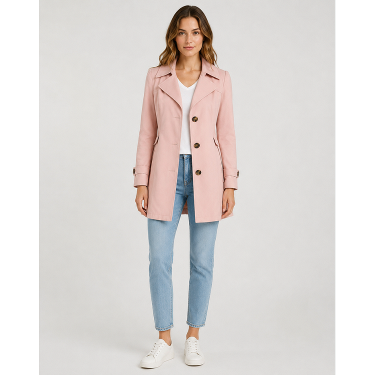 Trench corto donna classico monopetto. Silhouette raffinata con revers e dettagli polsini, ideale per ogni stile.