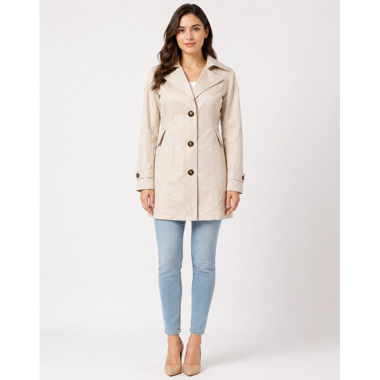 Trench corto donna classico con ampi revers, chiusura monopetto e polsini con bottoni. Capo moda versatile.