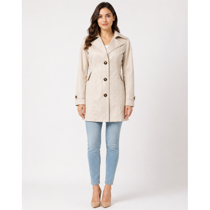 Trench corto donna classico con ampi revers, chiusura monopetto e polsini con bottoni. Capo moda versatile.