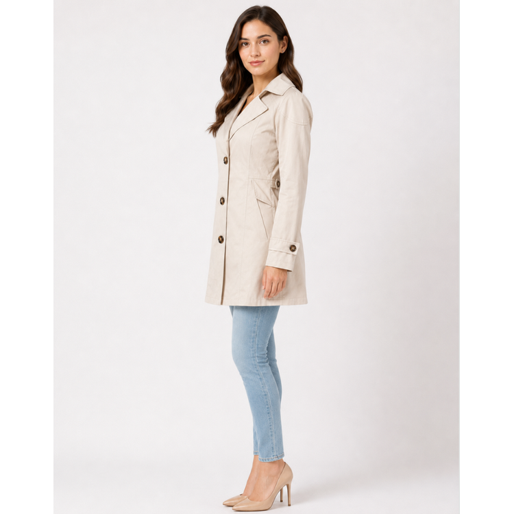 Capospalla trench corto donna per mezze stagioni. Elegante e versatile con revers, bottoni polsini. Stile classico ufficio.