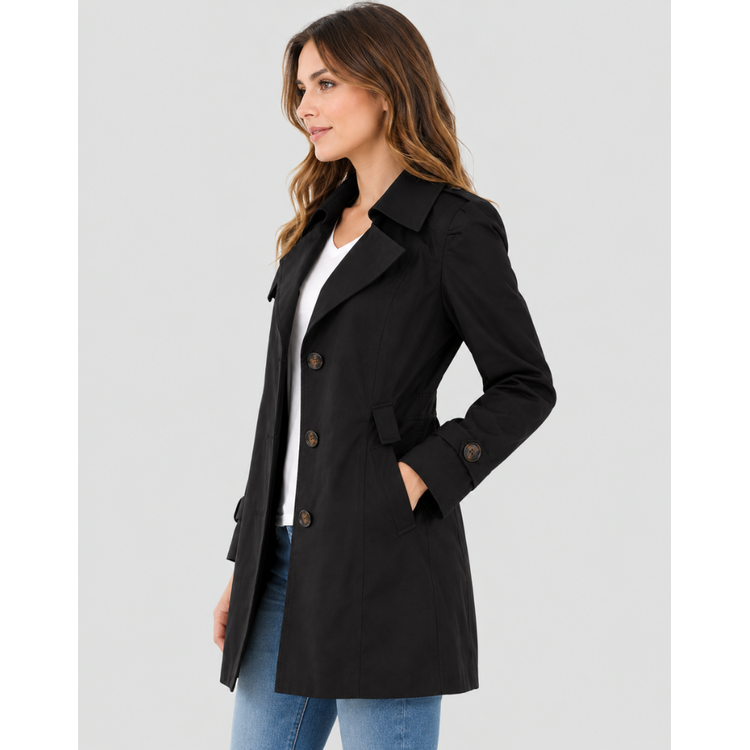 Stiloso trench corto donna classico con revers e polsini bottoni. Capospalla elegante per ufficio o look casual chic.
