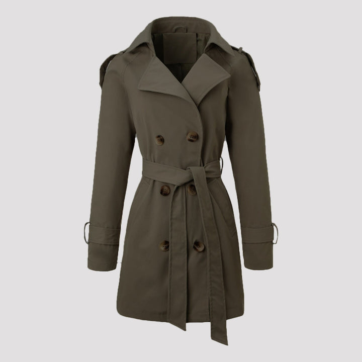 Trench donna doppiopetto verde militare con cintura, un classico outerwear versatile per ogni occasione.
