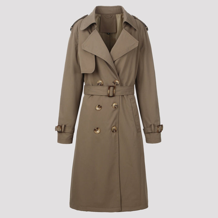 Trench donna classico lungo doppiopetto con cintura, ideale per un look elegante e versatile in primavera/autunno.