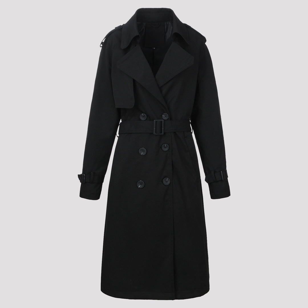 Capospalla donna: trench lungo doppiopetto con cintura e rever a tacca, stile classico per l'ufficio e occasioni formali.