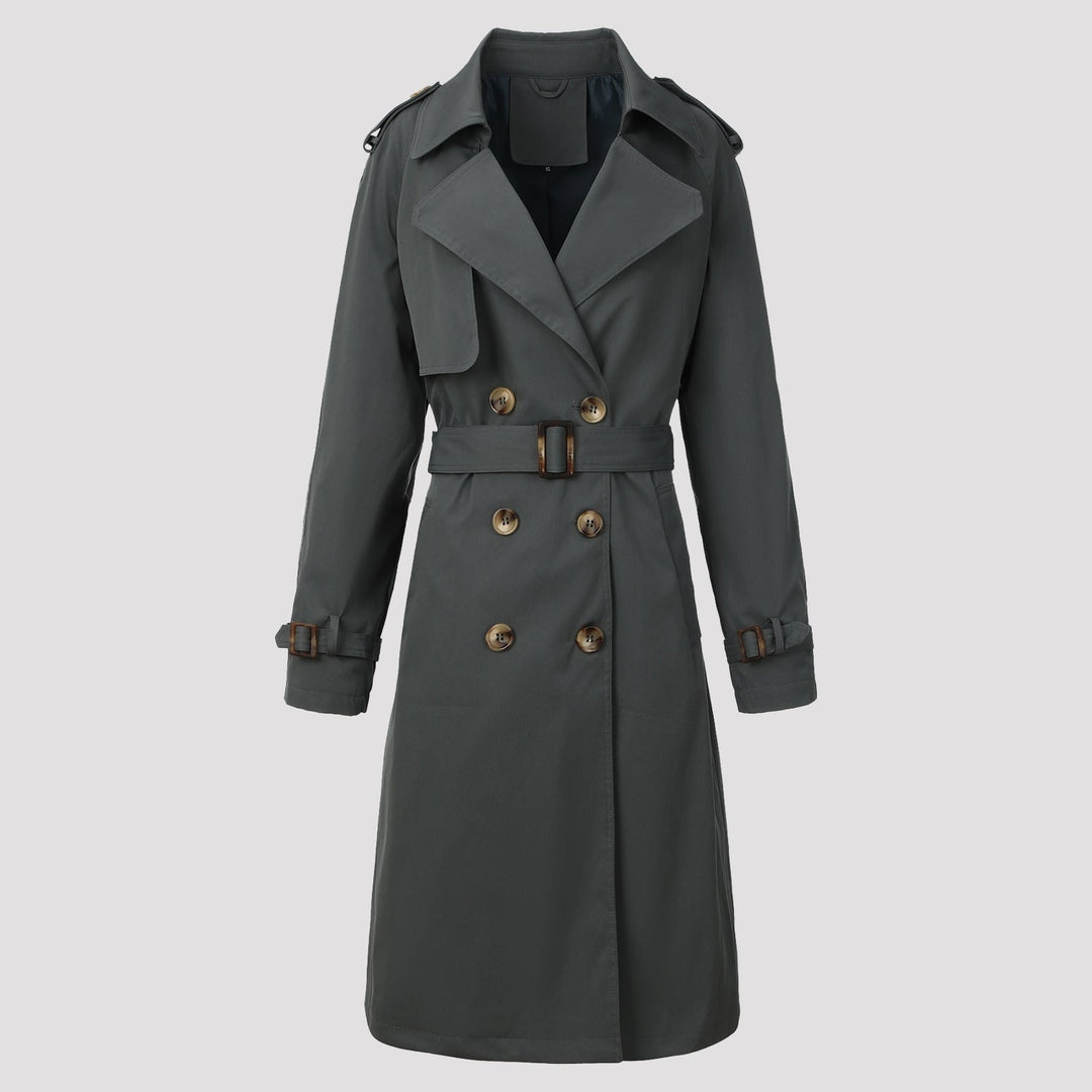Moda donna: trench classico lungo con cintura, doppiopetto. Perfetto per primavera e autunno, eleganza femminile assicurata.
