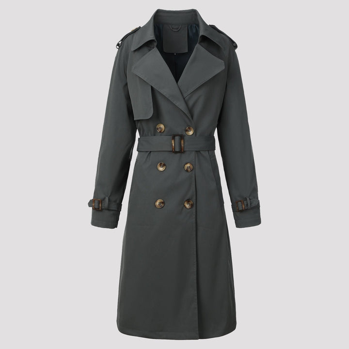 Moda donna: trench classico lungo con cintura, doppiopetto. Perfetto per primavera e autunno, eleganza femminile assicurata.
