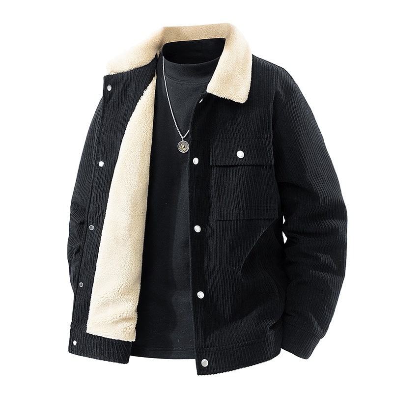 Giacca donna in velluto a coste con fodera sherpa e bottoni a pressione. Perfetta per l'autunno casual.