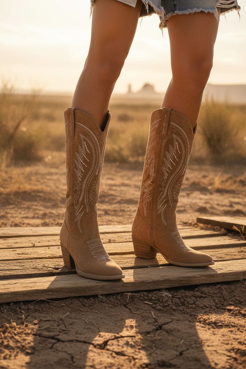 Stivali donna western al ginocchio con tacco blocco e punta affusolata, ideali per un look autunnale.