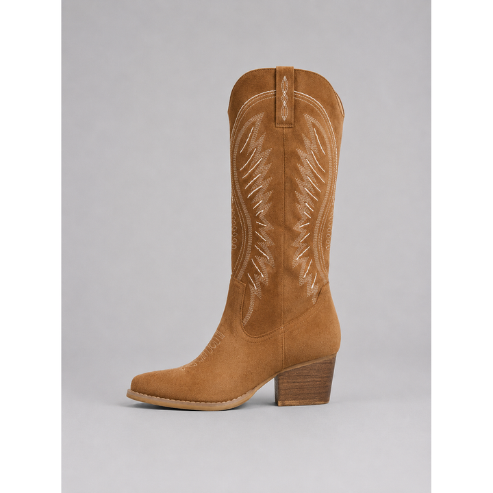 Stivali al ginocchio donna per autunno inverno, stile cowboy, con design a punta affusolata.