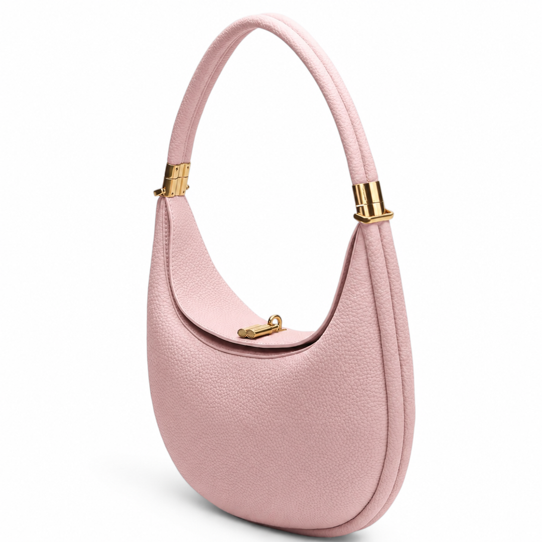 Borsa a spalla donna in pelle martellata a mezzaluna con chiusura girevole. Un must-have elegante per la moda.