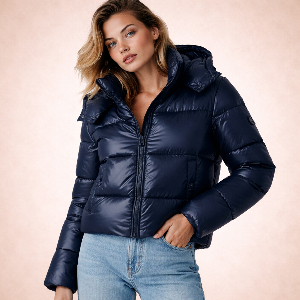 Piumino corto donna con cappuccio, giacca moderna per l'inverno, abbigliamento casual chic.