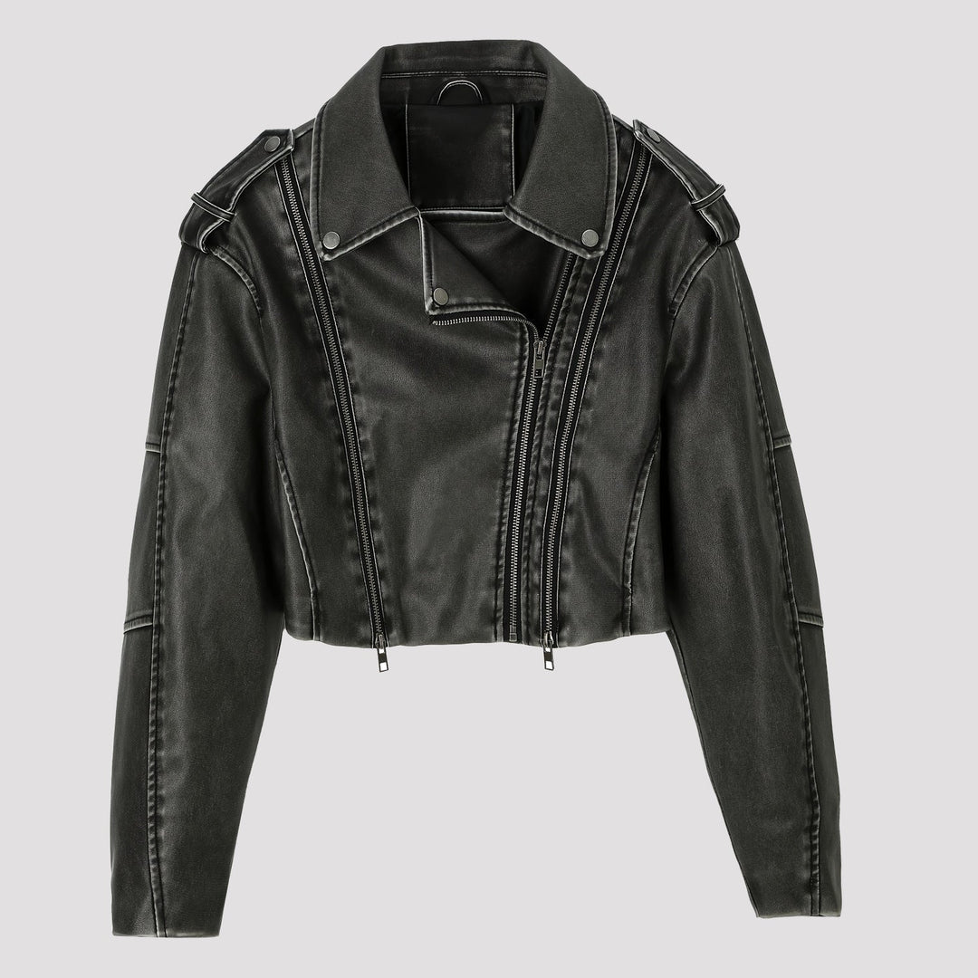 Giacca biker donna asimmetrica grigia, taglio cropped. Perfetta per look rock con grinta.