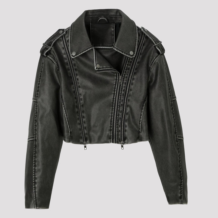 Giacca biker donna asimmetrica grigia, taglio cropped. Perfetta per look rock con grinta.