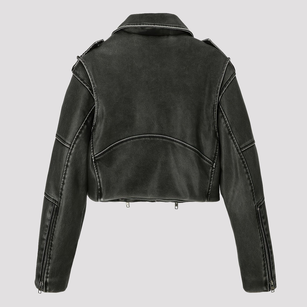 Moderna giacca moto donna asimmetrica grigia, stile audace. Corta, ideale per un look contemporaneo.