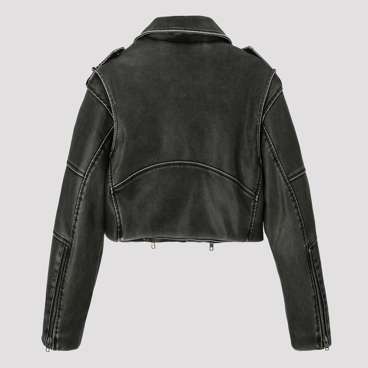 Moderna giacca moto donna asimmetrica grigia, stile audace. Corta, ideale per un look contemporaneo.