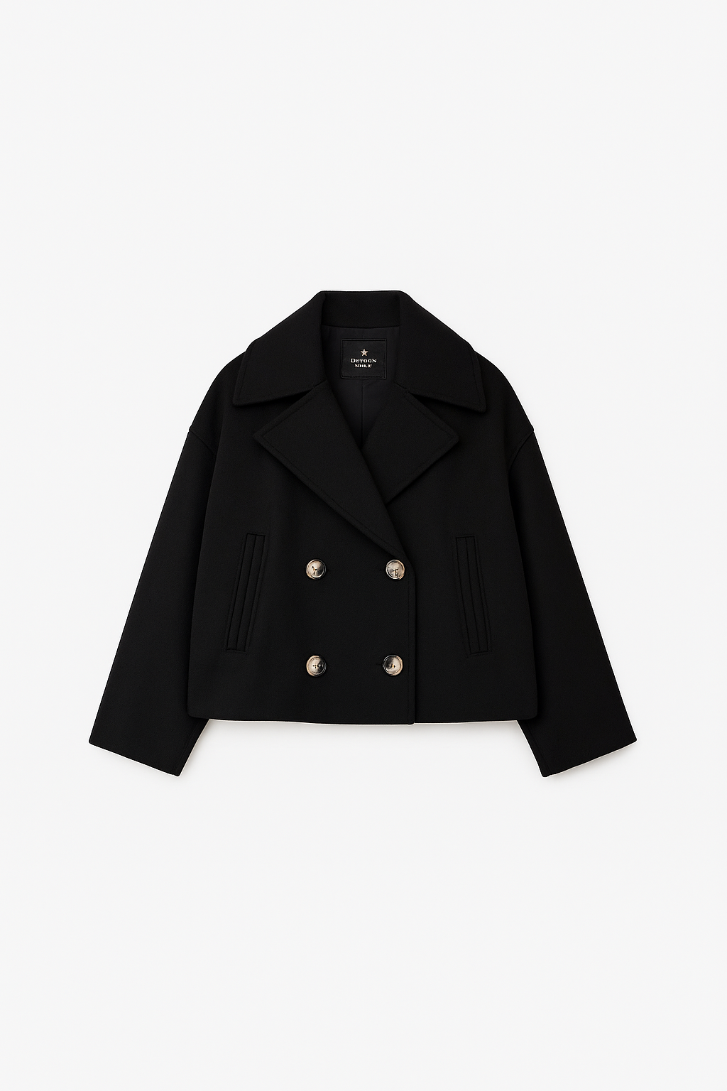 Giaccone donna doppio petto grigio scuro con collo ampio, moda femminile per autunno inverno.