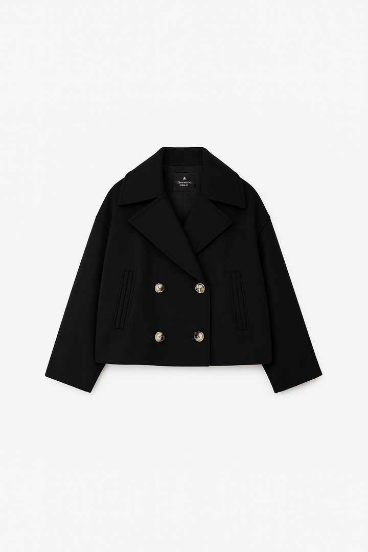 Giaccone donna doppio petto grigio scuro con collo ampio, moda femminile per autunno inverno.