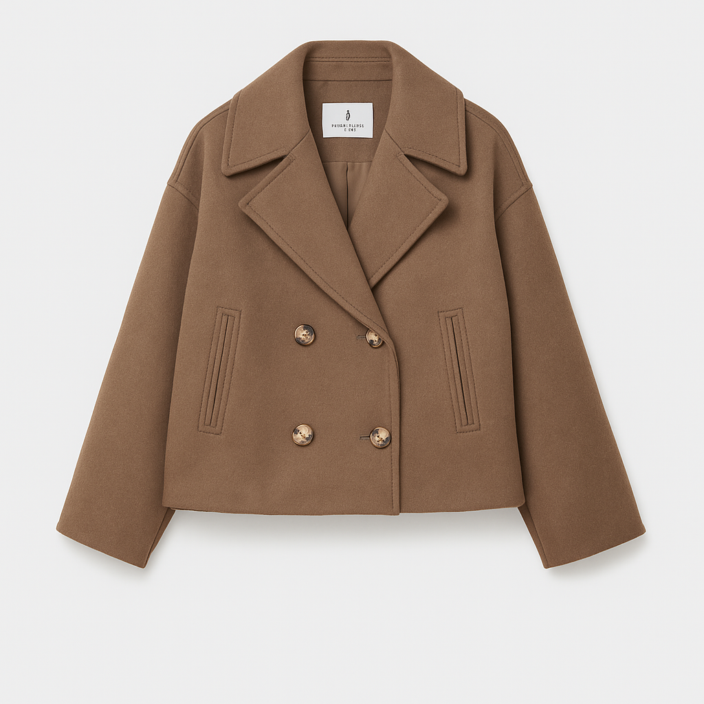 Vista posteriore giaccone corto donna doppio petto, vestibilità perfetta per eleganza quotidiana in autunno inverno.