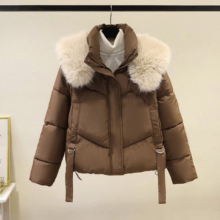 Piumino crop donna per inverno, stile elegante-casual, con zip frontale e collo in pelliccia.