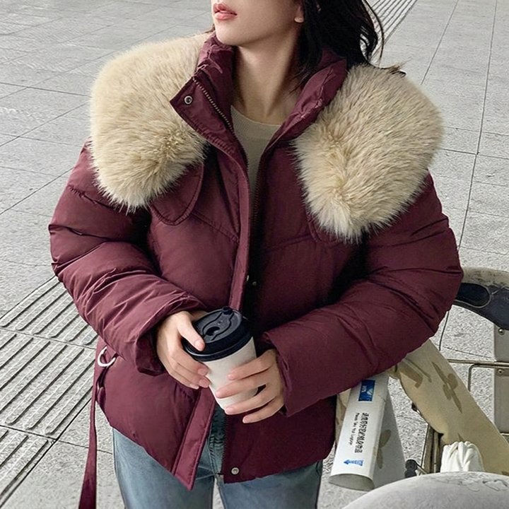 Giacca donna crop alla moda, con dettagli in pelliccia sintetica al collo e pratica cerniera.