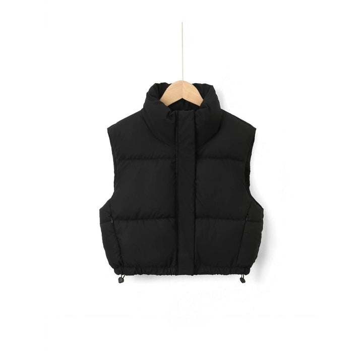 Gilet donna corto, piumino leggero, trapuntato. Senza maniche e collo alto per stile moderno autunno-primavera.
