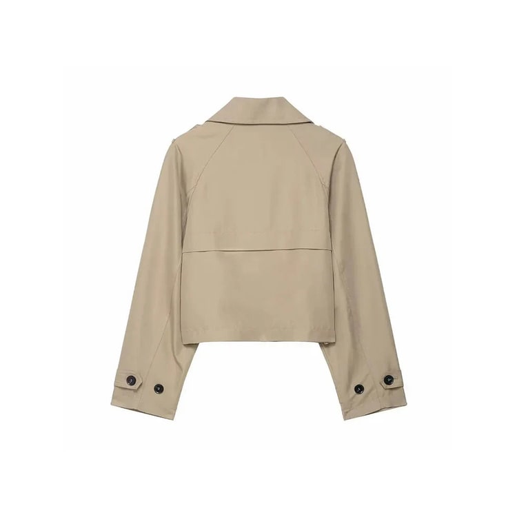 Trench donna corto doppiopetto, stile elegante e moderno. Giacca versatile ideale per abbigliamento autunnale femminile.