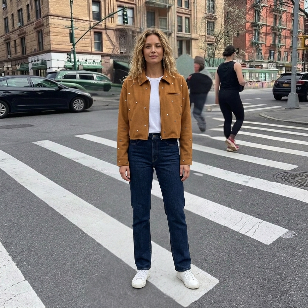 Giacca corta da donna con borchie argentate, ideale per un look moda casual o elegante.