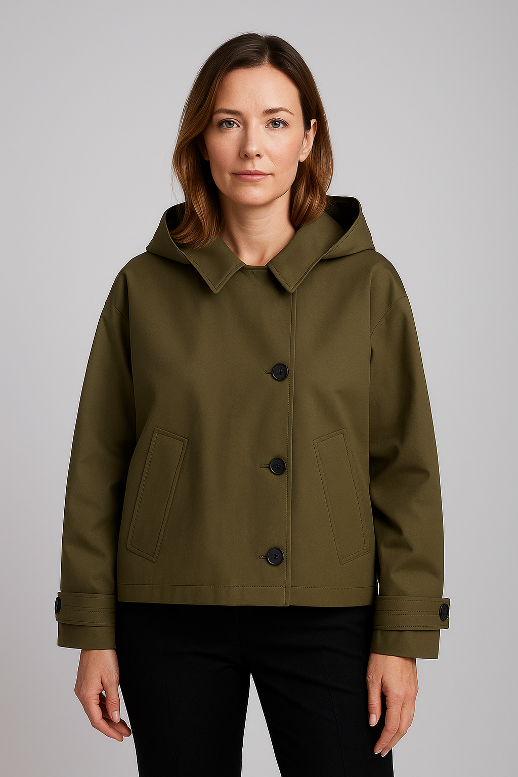 Trench corto donna elegante, con cappuccio rimovibile e collo a punta. Stile versatile per primavera/autunno.