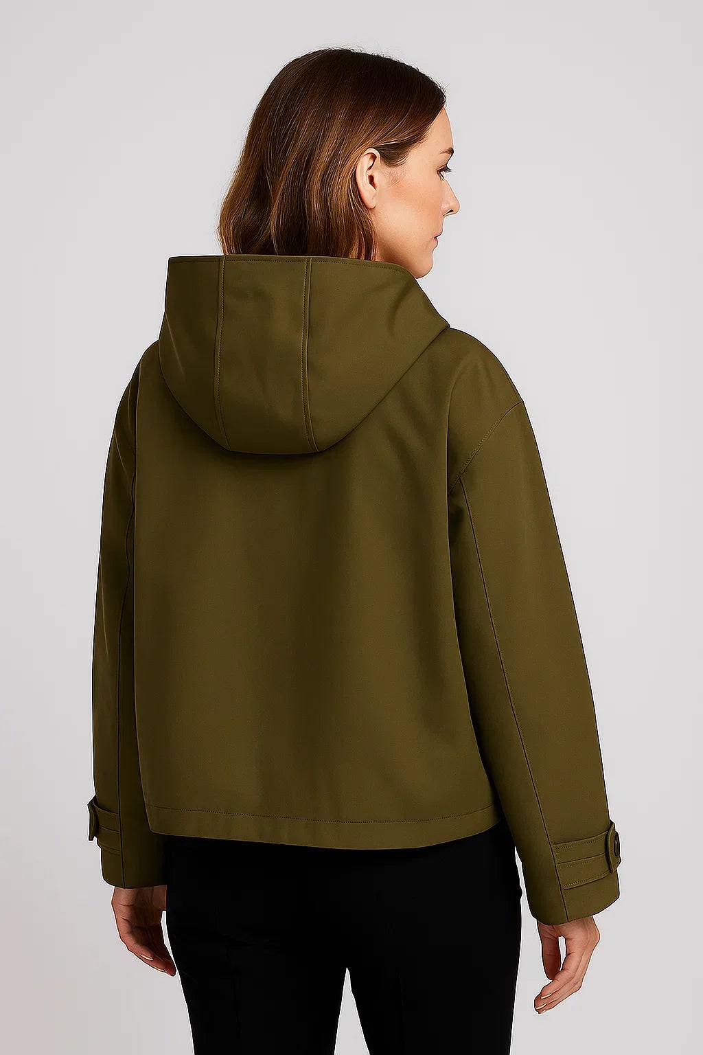 Giacca trench corta donna versatile, con cappuccio rimovibile. Ideale per look elegante o casual in primavera/autunno.