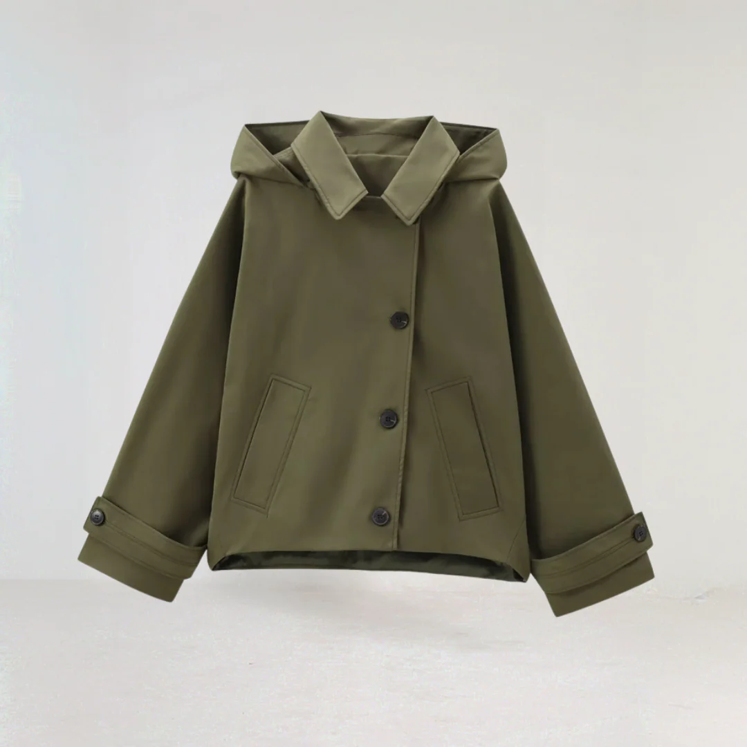 Cappotto trench corto donna, chic con collo elegante a punta e cappuccio staccabile. Perfetto per moda primavera/autunno.