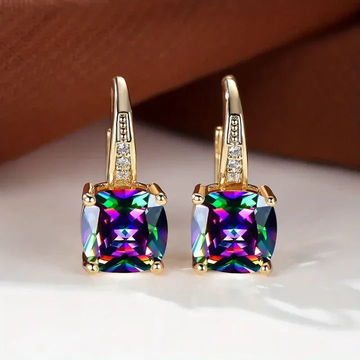 Orecchini pendenti donna in oro con topazio azzurro taglio cuscino, gioielli di lusso, perfetti per sera.