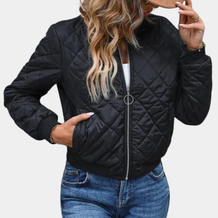 Giacca bomber trapuntata nera da donna. Stile casual ed elegante per mezza stagione, primavera/autunno.