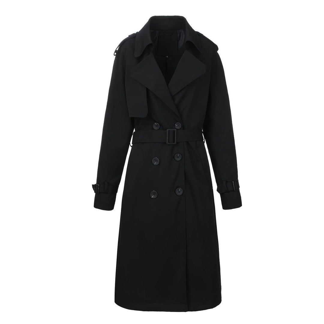 Trench donna classico a doppio petto, lunghezza lunga, un capo iconico per la moda femminile elegante.