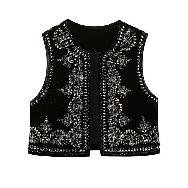 Gilet donna elegante senza maniche, con ricami dettagliati e paillettes oro/argento, ideale per un look bohemien chic.